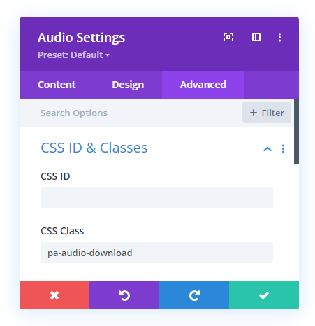 add a custom class to the Divi Audio module to add a download icon