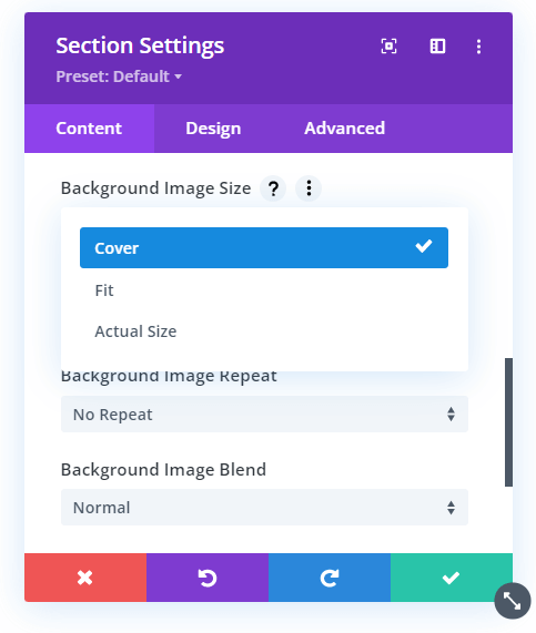 background image size options in Divi 1