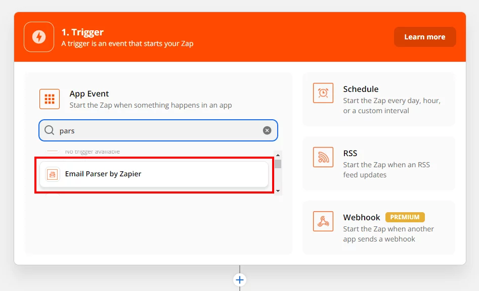 choose email parser by zapier as the app event for the Divi contact form 1