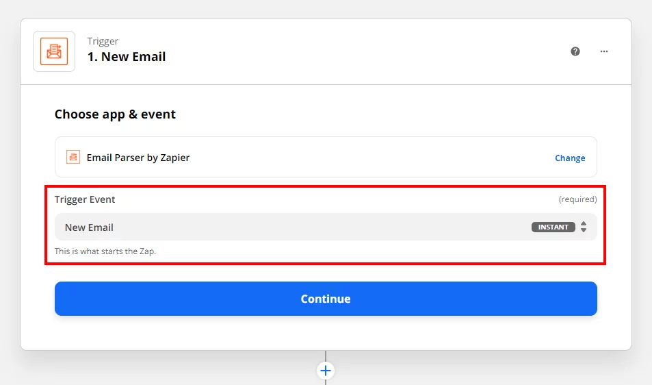 choose new email as the trigger event in email parser by zapier for Divi Contact Form 1