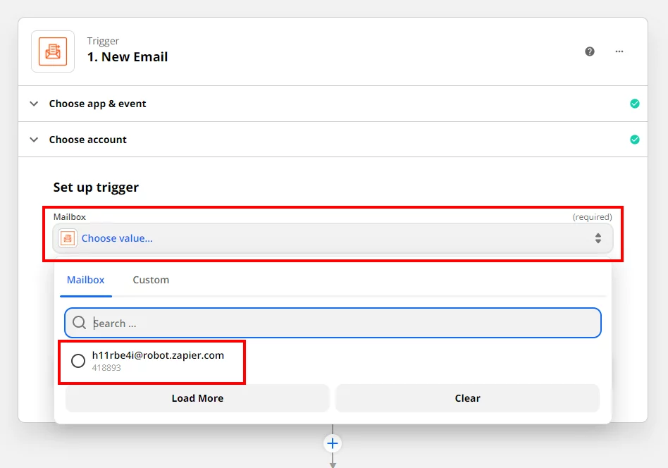 choose the parser mailbox email address for the trigger for Divi Contact Form Zapier connection