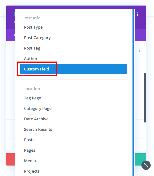 choosing custom field from the Divi Display Conditions choosing custom field from the Divi Display Conditions