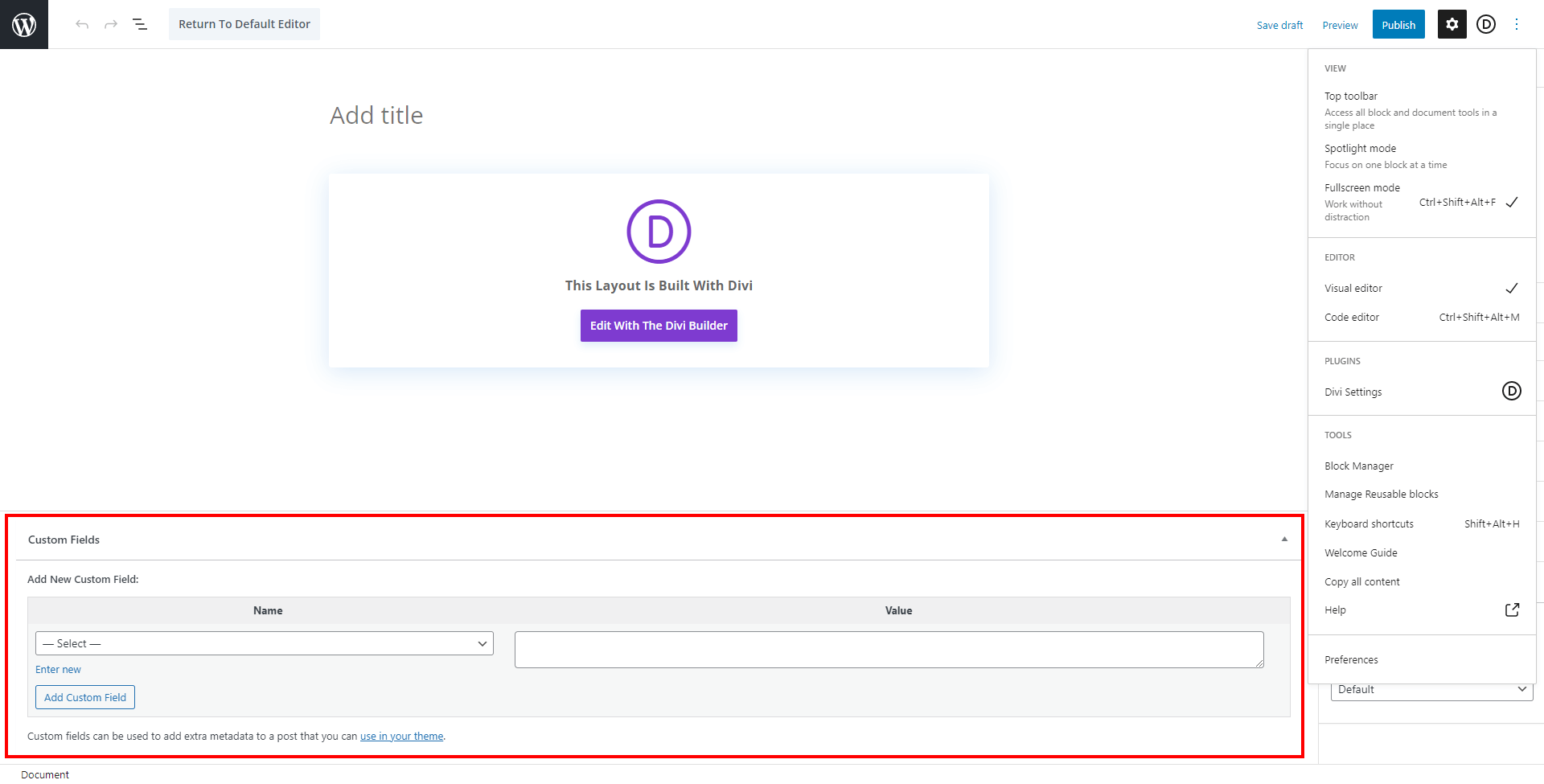 custom fields panel on a Divi page or post custom fields panel on a Divi page or post