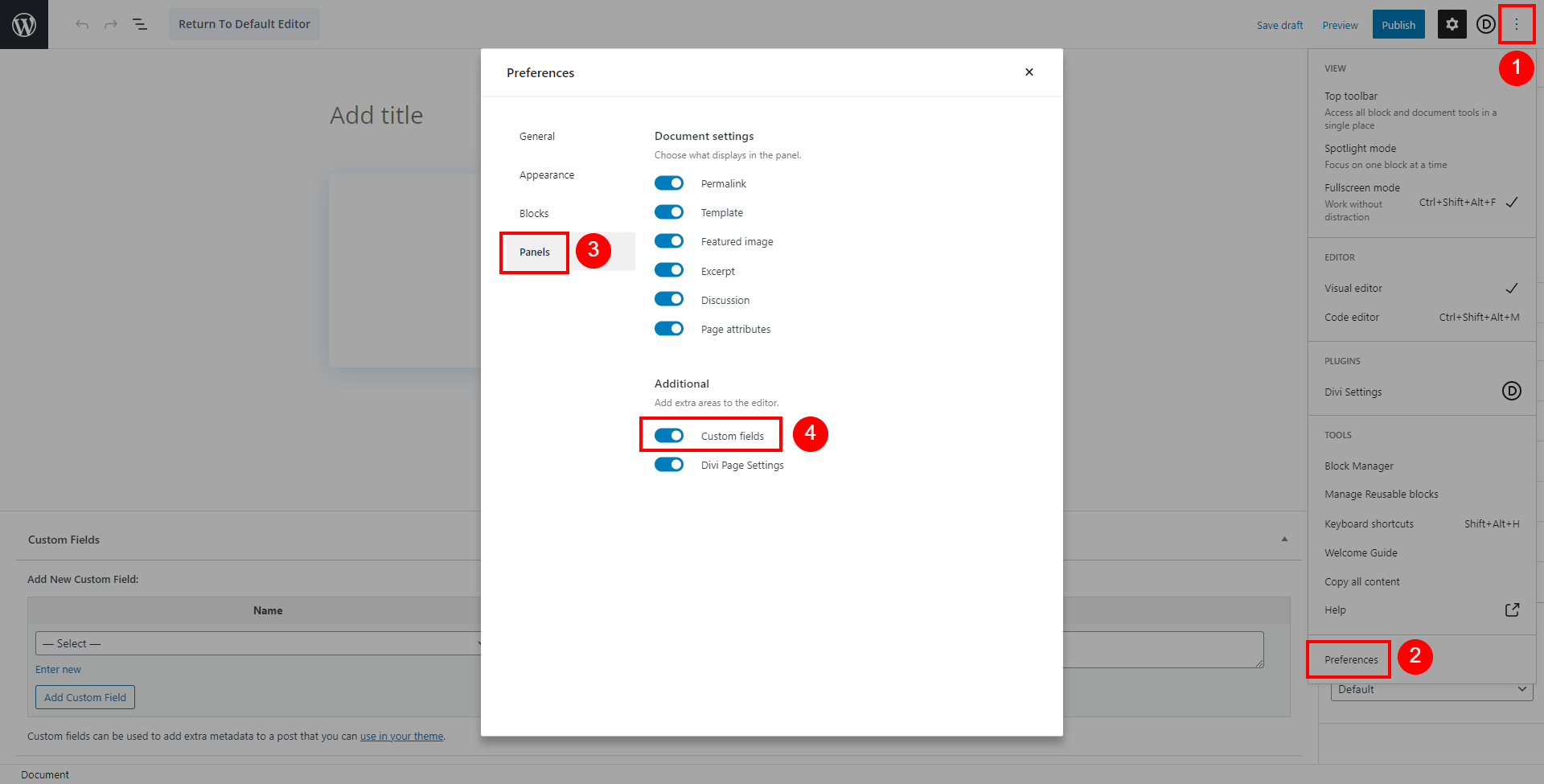 how to enable custom fields in Divi