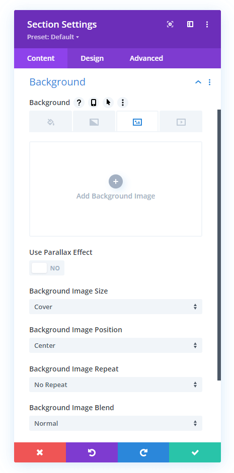 overview of all background image settings in Divi