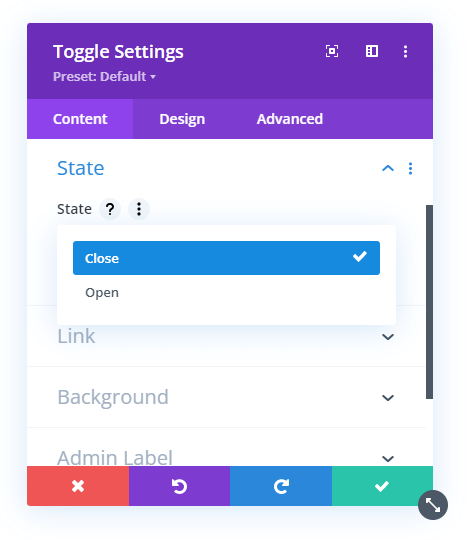 set the default state of the Divi Toggle module
