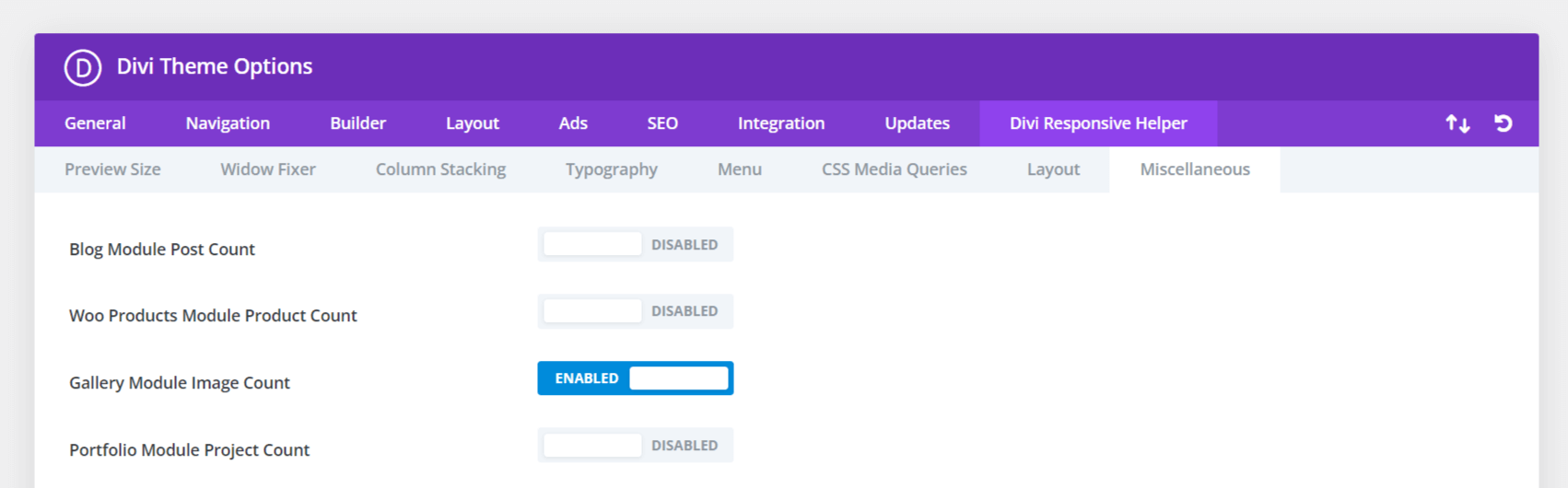 Divi Theme Options Gallery Module Image Count setting