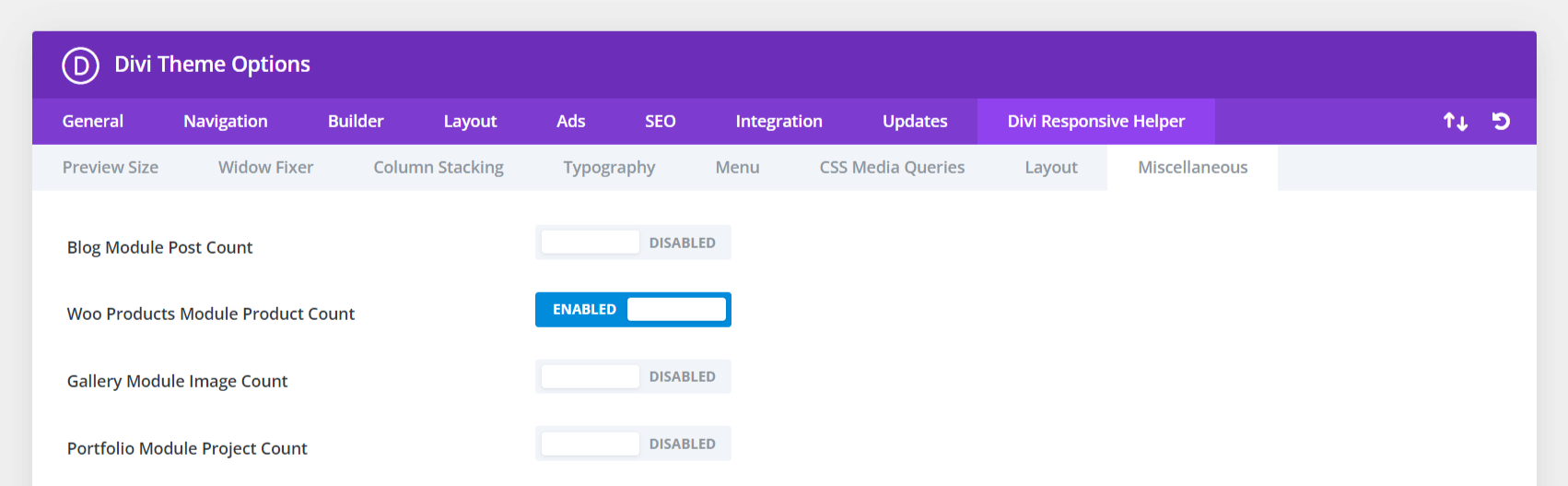 Divi Theme Options Woo Products Module Product Count setting