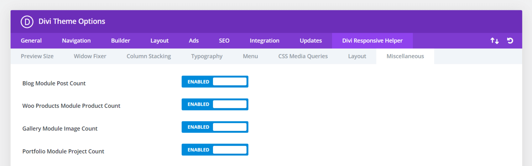 Divi Theme Options showing item count in Blog Gallery Portfolio Woo Products modules