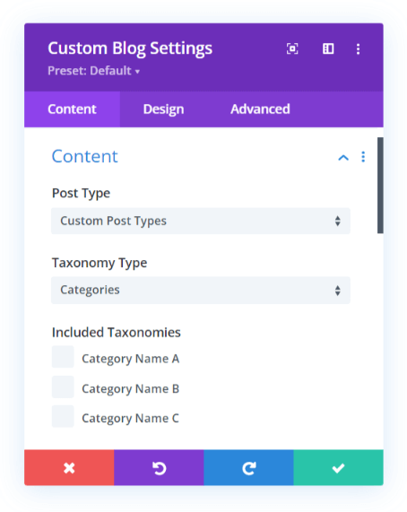 Divi blog module with taxonomy selection for custom post types