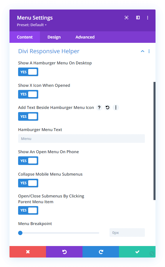 Menu Module settings in the Divi Responsive Helper plugin