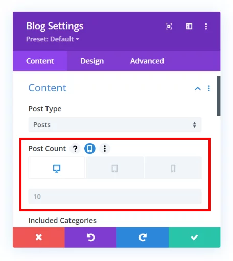 Set the Blog module post count for Desktop Tablet and Phone with the Divi Responsive Helper