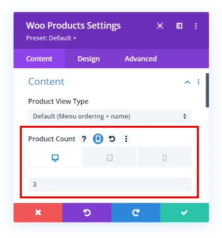 Set the Woo Products module product count for Desktop Tablet and Phone with the Divi Responsive Helper
