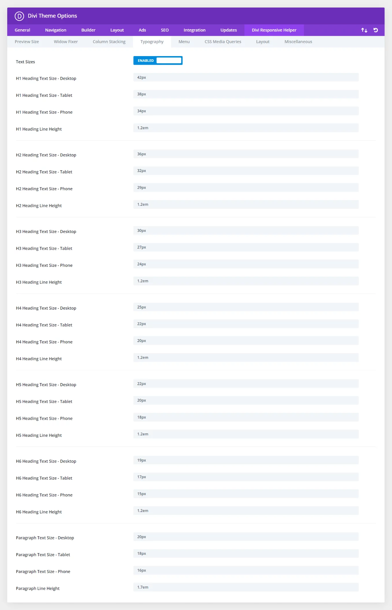 Typography text size and line height settings in Divi Responsive Helper 2.2