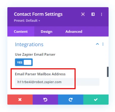 add the Zapier integration parser email address into the Divi Contact Form