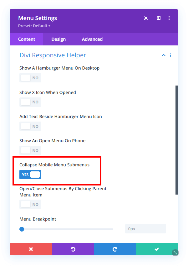 collapse mobile menu submenus setting Divi Responsive Helper 2.2