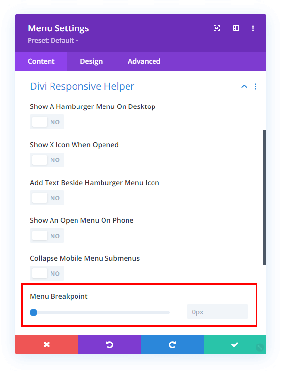 menu breakpoint setting Divi Responsive Helper 2.2