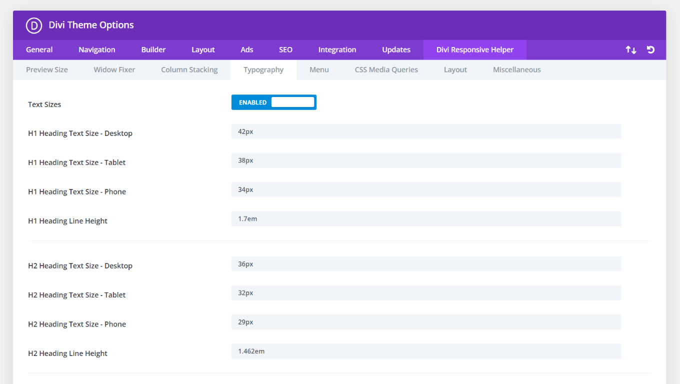 new global line height options for text in Divi Responsive Helper