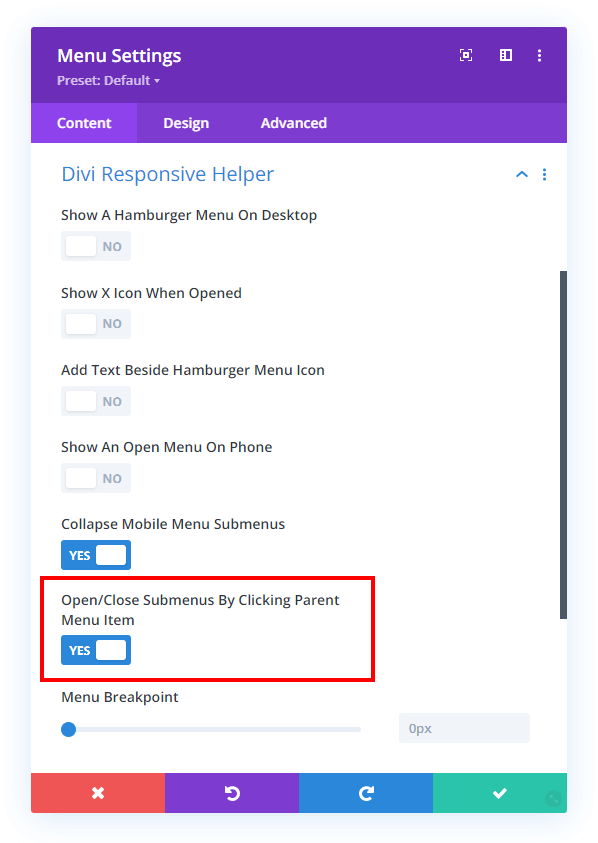 open and close submenus by clicking parent menu item setting Divi Responsive Helper 2.2