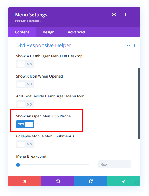 show an open menu on phone setting Divi Responsive Helper 2.2