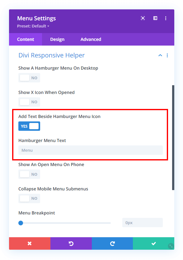 show text beside hamburger menu icon setting Divi Responsive Helper 2.2