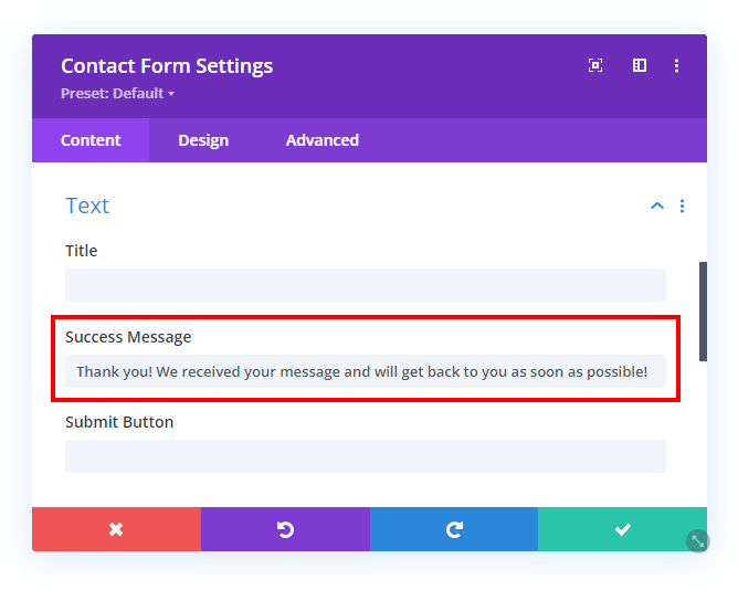 add a success message to the Divi Contact Form module