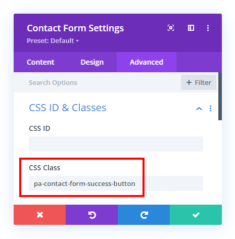 add custom CSS class to add success button to the Divi Contact Form module