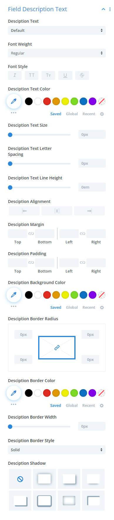 field description text design settings settings in the Divi Contact Form Helper plugin