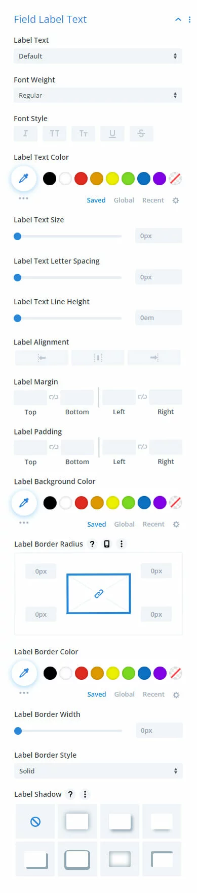 field label text design settings settings in the Divi Contact Form Helper plugin