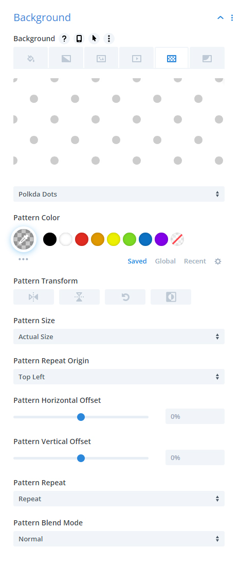 pattern settings in the new Divi builder background pattern and mask update