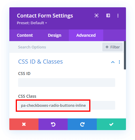 Add a custom CSS class To make The Divi Contact Form Checkboxes Or Radio Buttons Inline