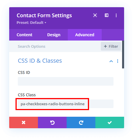 Add a custom CSS class To make The Divi Contact Form Checkboxes Or Radio Buttons Inline Add a custom CSS class To make The Divi Contact Form Checkboxes Or Radio Buttons Inline
