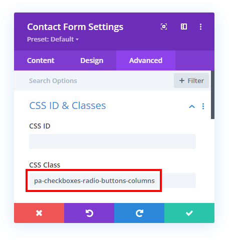 Add a custom class to display The Divi Contact Form Checkboxed Or Radio Buttons in columns