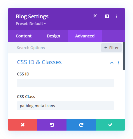 add a css class to the Divi Blog module to add icons to the meta text