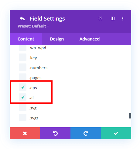 new file types showing in the Divi Contact Form Helper plugin