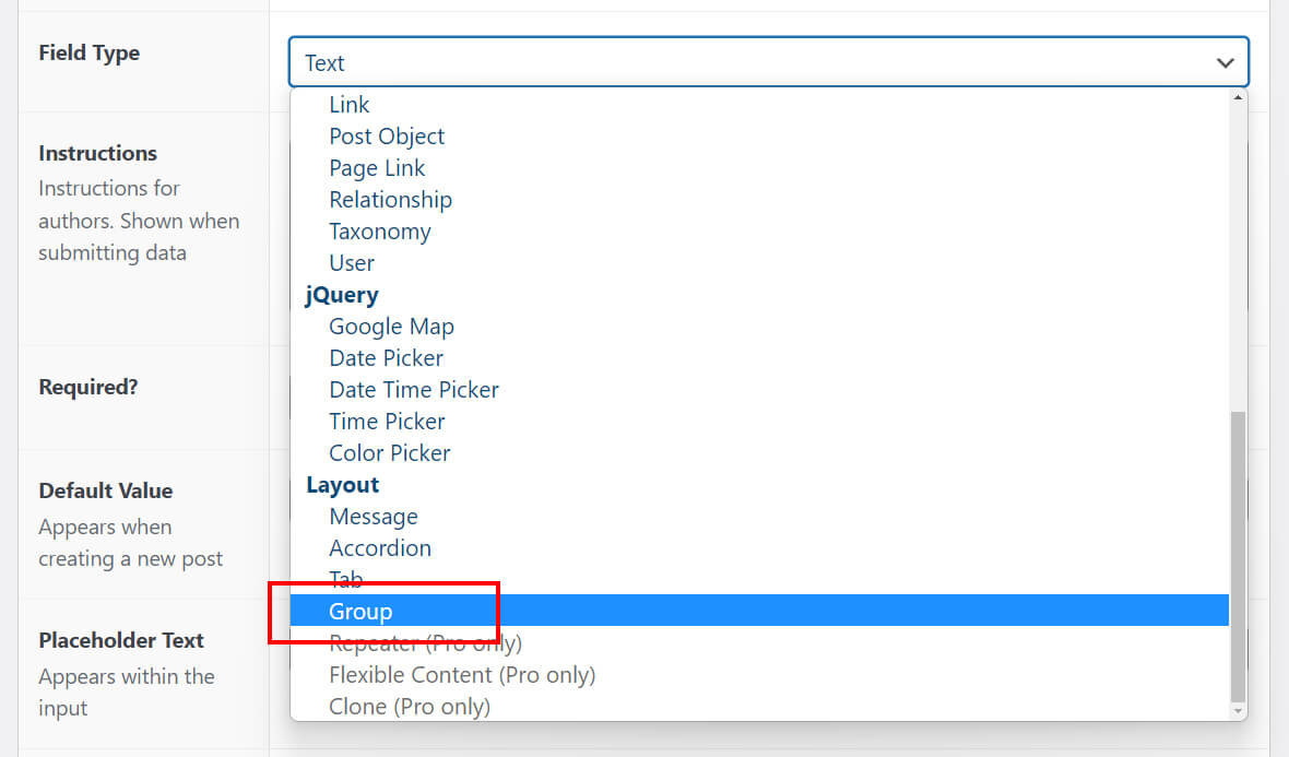 select group field type in ACF
