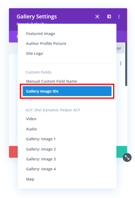 selecting the custom field for image IDs in the Divi Gallery dynamic content