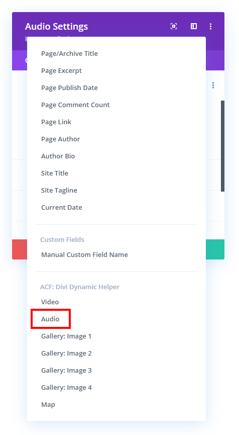 selecting the custom field in the Divi Audio module with the Divi Dynamic Helper plugin selecting the custom field in the Divi Audio module with the Divi Dynamic Helper plugin