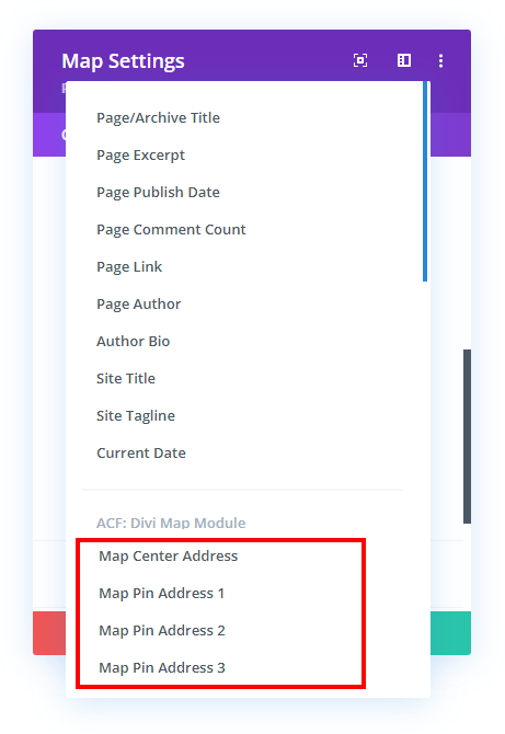 selecting the custom field in the Divi Map module with the Divi Dynamic Helper plugin