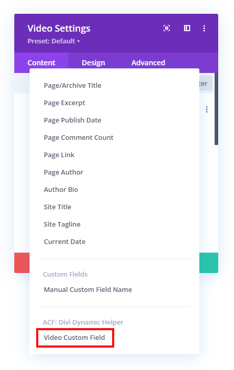 selecting the custom field in the Divi Video module with the Divi Dynamic Helper plugin
