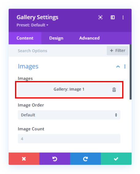 selecting the first image from the advanced custom field image group for the Divi Gallery dynamic content