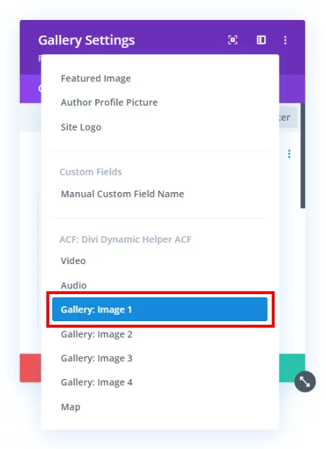 selecting the first image from the advanced custom field in the Divi Gallery dynamic content