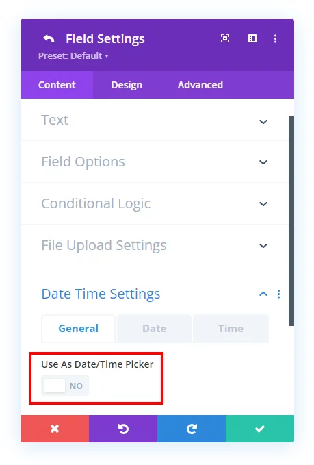 date and time picker settings in the Divi Contact Form Helper plugin
