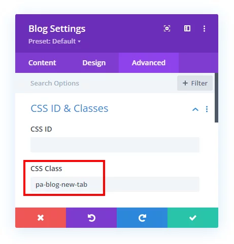 add custom css class to Divi blog module to open links in new tab