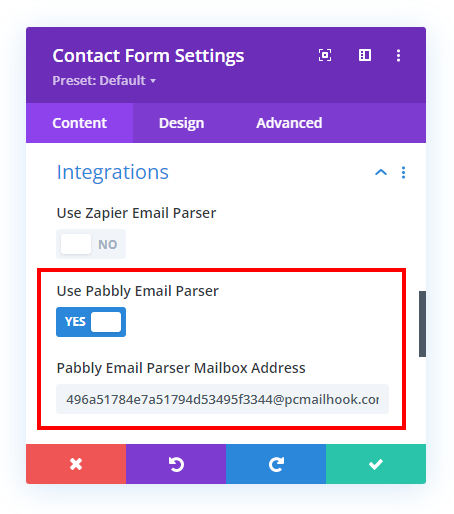 add the Pabbly Email parser email address into the Divi Contact Form