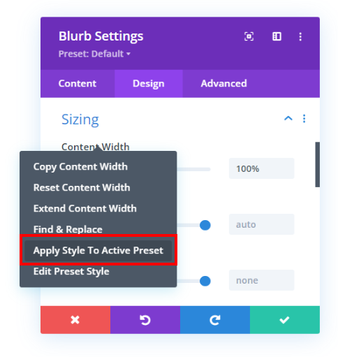 apply Divi Blurb content width style to active preset