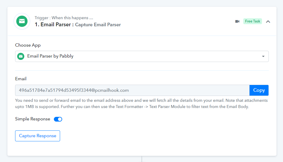 copy email address from Pabbly Connect email parser