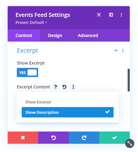 show description text in the excerpt of the Events Feed module In the Divi Events Calendar Plugin by Pee Aye Creative