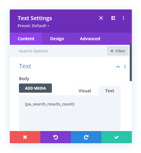 add shortcode to show the number of search results in Divi
