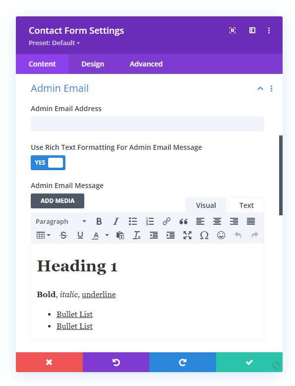 use rich text HTML formatting for the admin email message in the Divi Contact Form Helper